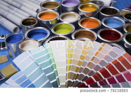 Open paint cans with a brush, Rainbow colors Open paint cans with a brush, Rainbow colors 78218883