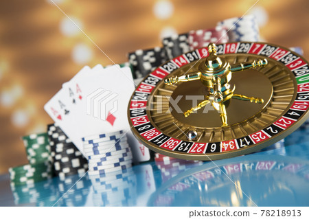 Roulette wheel running in a casino, Poker Chips 78218913