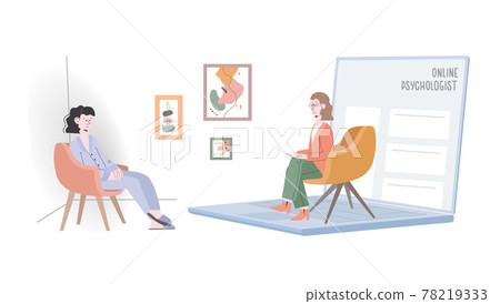 Online psychological counseling concept. Psychologist and her patient with depression are having video call using modern technology app. Online psychological counseling concept. Psychologist and her patient with depression are having video call using modern technology app. 78219333