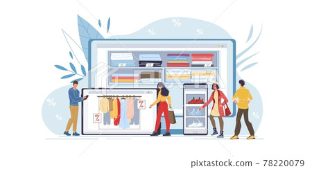 Flat cartoon characters online shopping sales vector illustration concept 78220079