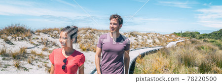 Couple tourists walking on Ship Creek beach boardwalk on summer travel vacation in West Coast, South Island of New Zealand. Panoramic banner Couple tourists walking on Ship Creek beach boardwalk on summer travel vacation in West Coast, South Island of New Zealand. Panoramic banner 78220500
