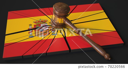 Broken block with flag of Spain and judge's gavel. Conceptual 3d rendering 78220566