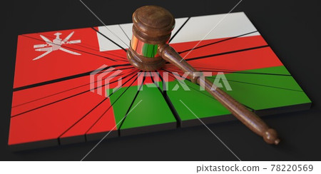 Block with flag of Oman hit by judge's gavel. Court related 3d rendering Block with flag of Oman hit by judge's gavel. Court related 3d rendering 78220569