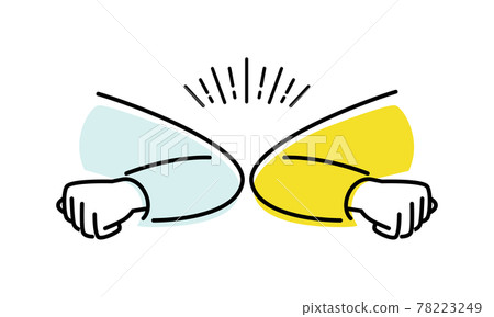 問候插圖。如何用手肘碰觸手肘來向朋友打招呼。	 78223249