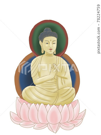 Shaka Nyorai sitting statue color white background 78224759