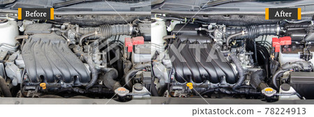 Before and after cleaning the car engine.Wash the car clean dirt with liquid and car wash foam. 78224913