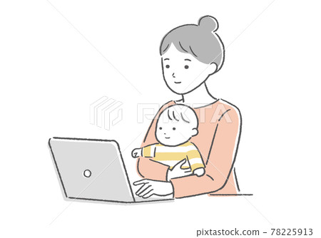 一個抱著嬰兒工作的女人 78225913