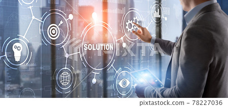 Solution. Businessman pressing on touch screen interface inscription Solutions. Business concept. Internet concept Solution. Businessman pressing on touch screen interface inscription Solutions. Business concept. Internet concept 78227036