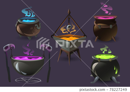 Witch cauldrons with boiling magic potions 78227249