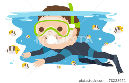 一名男性潛水員的插圖。一個穿著潛水服在海裡游泳的年輕人。 78228651