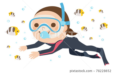 女潛水員的插圖。一個穿著潛水服在海裡游泳的年輕女子。 78228652