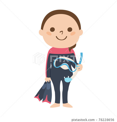女潛水員的插圖。一名身穿潛水服、手持浮潛面罩和腳蹼的年輕女子。 78228656