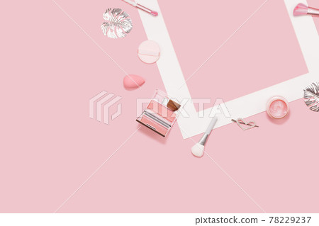 Beauty and makeup brushes monochrome pink and silver border 78229237