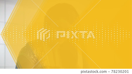 Composition of sound frequency dot level meters on yellow over woman in headphones 78230201