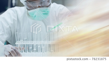 Composition of scientists in ppe suit with test tubes working in laboratory and copy space 78231875