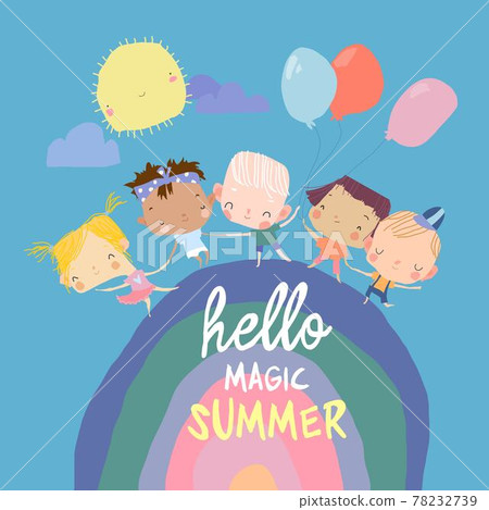 Happy Children running on Rainbow with Balloon Happy Children running on Rainbow with Balloon 78232739
