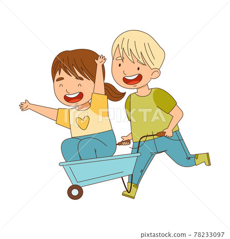 Little Boy and Girl Riding on Wheelbarrow Stock Illustration