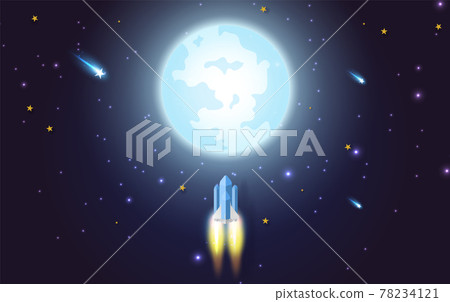 rocket flying in the star to the full moon. Paper art and craft style design. illustration for business startup concept on dark night background for poster or banner. Space rocket launch and galaxy. 78234121