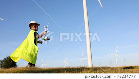 Asian little boy wants to be an engineer the wind turbines, Child's dream of environmental engineering renewable energy concept 78234777