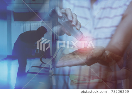 Double exposure of housekeeper cleaning and women use alcohol gel to cleaning hand for good hygiene. Protection against the virus, Covid 19, coronavirus 2019, Covid-19. service working at office 78236269