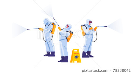 People in virus protective suits and mask disinfecting buildings of coronavirus with the sprayer. Home disinfection by cleaning service. Cartoon flat style illustration isolated on a white background People in virus protective suits and mask disinfecting buildings of coronavirus with the sprayer. Home disinfection by cleaning service. Cartoon flat style illustration isolated on a white background 78238041