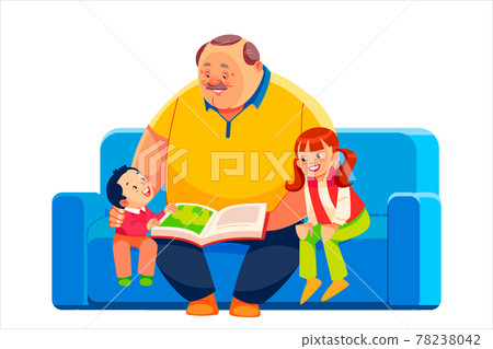 Old grandparent with grandchildren sitting on couch at home and reading book. Grandfather, grandson and granddaughter spending time together and studying with textbook. Cartoon vector illustration Old grandparent with grandchildren sitting on couch at home and reading book. Grandfather, grandson and granddaughter spending time together and studying with textbook. Cartoon vector illustration 78238042