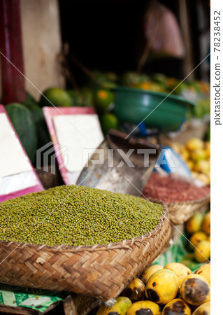 A lot of raw mush beans at street market. Outdoors Food marketplace. Closeup A lot of raw mush beans at street market. Outdoors Food marketplace. Closeup 78238452