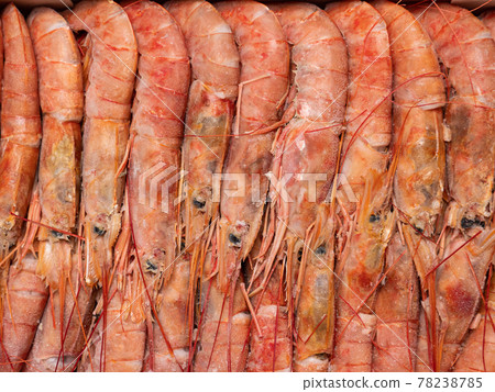 Frozen and uncooked red langoustine shrimps closeup Frozen and uncooked red langoustine shrimps closeup 78238785