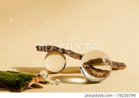 Astract backdrop with glass spheres and bark tree and moss podiums Astract backdrop with glass spheres and bark tree and moss podiums 78238796