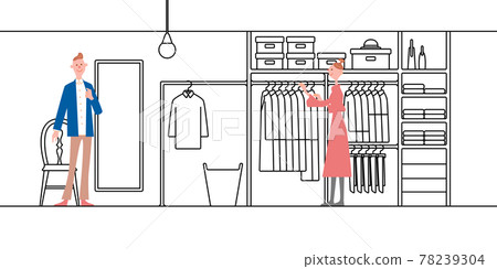 Walk-in closet line drawing + couple preparing to go out 78239304