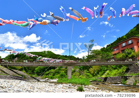 Naka River and carp streamer flowing in Itamuro Onsen Naka River and carp streamer flowing in Itamuro Onsen 78239896