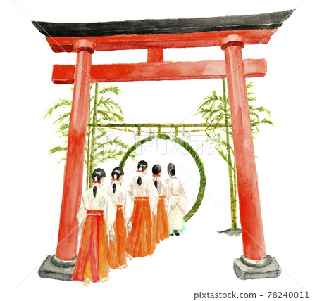 水彩畫：穿過神社加耶環的神社僧侶和神社少女 78240011