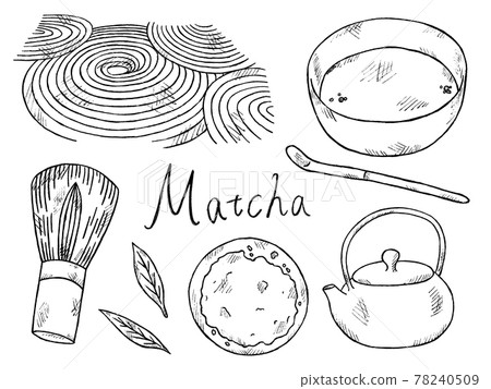 抹茶和茶道的黑白手寫插圖圖像 抹茶和茶道的黑白手寫插圖圖像 78240509