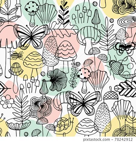 Forest elements seamless pattern. Linear graphic. Mushrooms, insects and leaves. Scandinavian kid style.  78242912