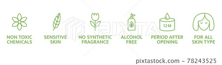 Natural and organic cosmetic line icons set. Skincare symbol. Allergen free badges. Beauty product. For sensitive skin. Non toxic logo. Eco, vegan label. Vector illustration 78243525