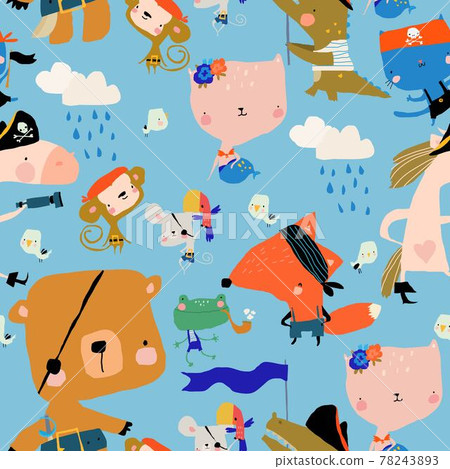 Samless Pattern with Cartoon Animals celebrating Pirate Party Samless Pattern with Cartoon Animals celebrating Pirate Party 78243893