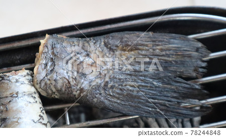 Grilled fish Close-up. Seafood grilled fish and tomatoes on the grill fire. Grilled fish Close-up. Seafood grilled fish and tomatoes on the grill fire. 78244848