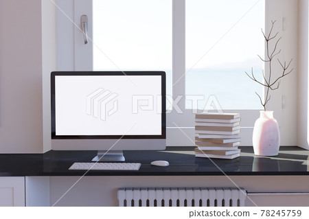 Blank computer desktop with keyboard on table at window, books on marble table in sunny room, mockup Blank computer desktop with keyboard on table at window, books on marble table in sunny room, mockup 78245759