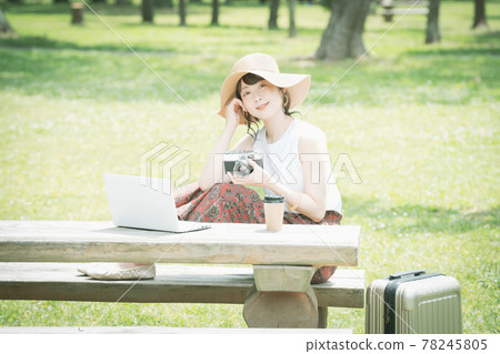 A young woman worcation in the fresh green 78245805