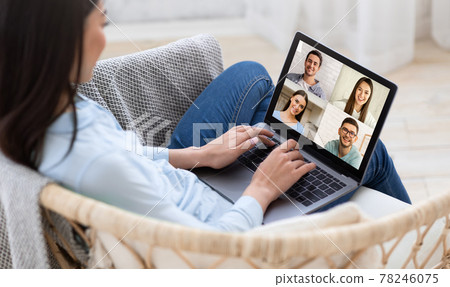 Video call with family at quarantine at home. Involved in conference, laptop screen, easy and convenient app Video call with family at quarantine at home. Involved in conference, laptop screen, easy and convenient app 78246075