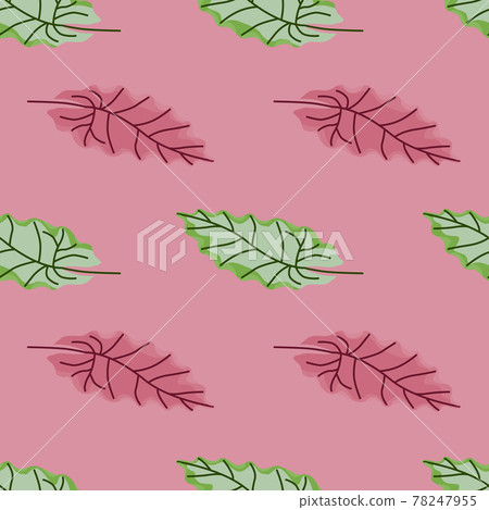 Nature seamless pattern with pink and green colored leaf silhouettes shapes. Lilac background. Nature seamless pattern with pink and green colored leaf silhouettes shapes. Lilac background. 78247955