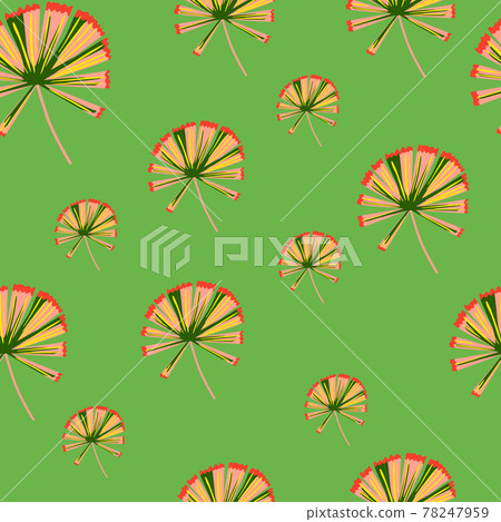 Botanic seamless pattern with hand drawn random palm licuala leaves. Green background. Simple style. Botanic seamless pattern with hand drawn random palm licuala leaves. Green background. Simple style. 78247959