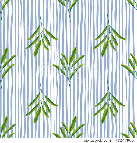 Botanic seamless pattern with simple green minimalistic leaves branches. Blue and white striped background. Botanic seamless pattern with simple green minimalistic leaves branches. Blue and white striped background. 78247960