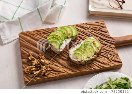 Avocado sandwich on dark rye bread made with fresh sliced avocados from above. Breakfast concept. Avocado sandwich on dark rye bread made with fresh sliced avocados from above. Breakfast concept. 78250321