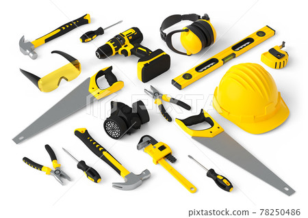 Isometric view of yellow construction tools for repair on white Isometric view of yellow construction tools for repair on white 78250486