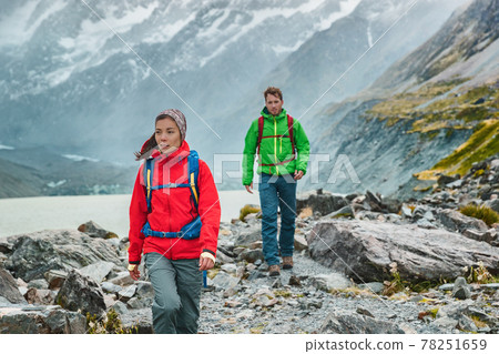 People hiking travel lifestyle. People on hike wearing backpacks in nature landscape with glacier in small icebergs in Tasman Lake on New Zealand in Aoraki Mount Cook national park. 78251659