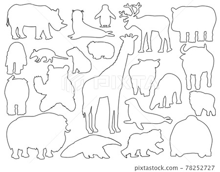 Set of silhouette animals. Vector outline cartoon isolated graphic hand drawn illustration. Giraffe bear orangutan ox rhino wombat highland cow seal tapir anteater yak hippo capybara penguin armadillo 78252727