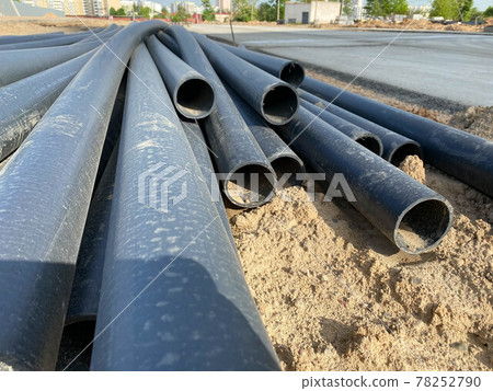 HDPE High Density Polyethylene pipe for water supply at construction site construction of a water supply system plastic pipes 78252790