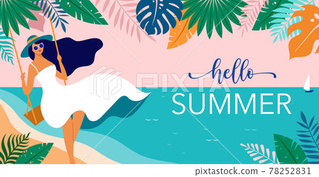 Summer scene, young woman sitting on swing on the beach, looking at the sea. Hello summer background 78252831