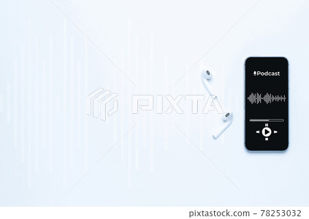 Podcast audio equipment. Audio microphone, sound headphones, podcast application on mobile smartphone screen. Recording sound voice on white background. Live online radio player mockup banner. 78253032
